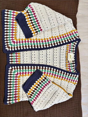 Maeve Anthropologie Crochet Sweater Cream & rainbow One Size Like New